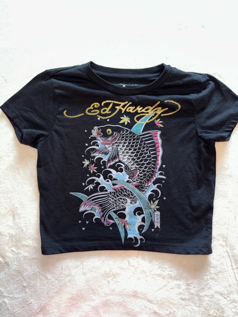 Ed Hardy Black Crop Top with Multicolor Koi Graphic